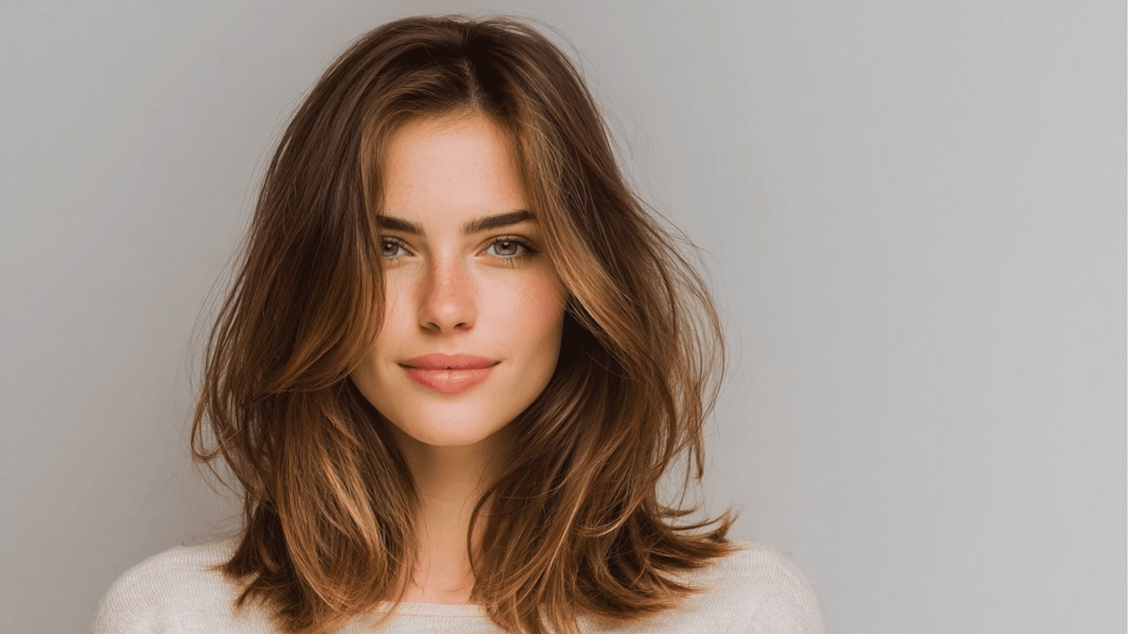 Layered shoulder length haircut with soft face-framing layers and subtle highlights on wavy medium brown hair