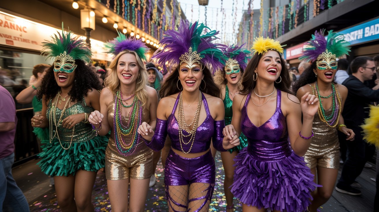 A group of women in vibrant Mardi Gras costumes with feathers and beads joyfully parade down a festive street, exuding excitement and celebration.