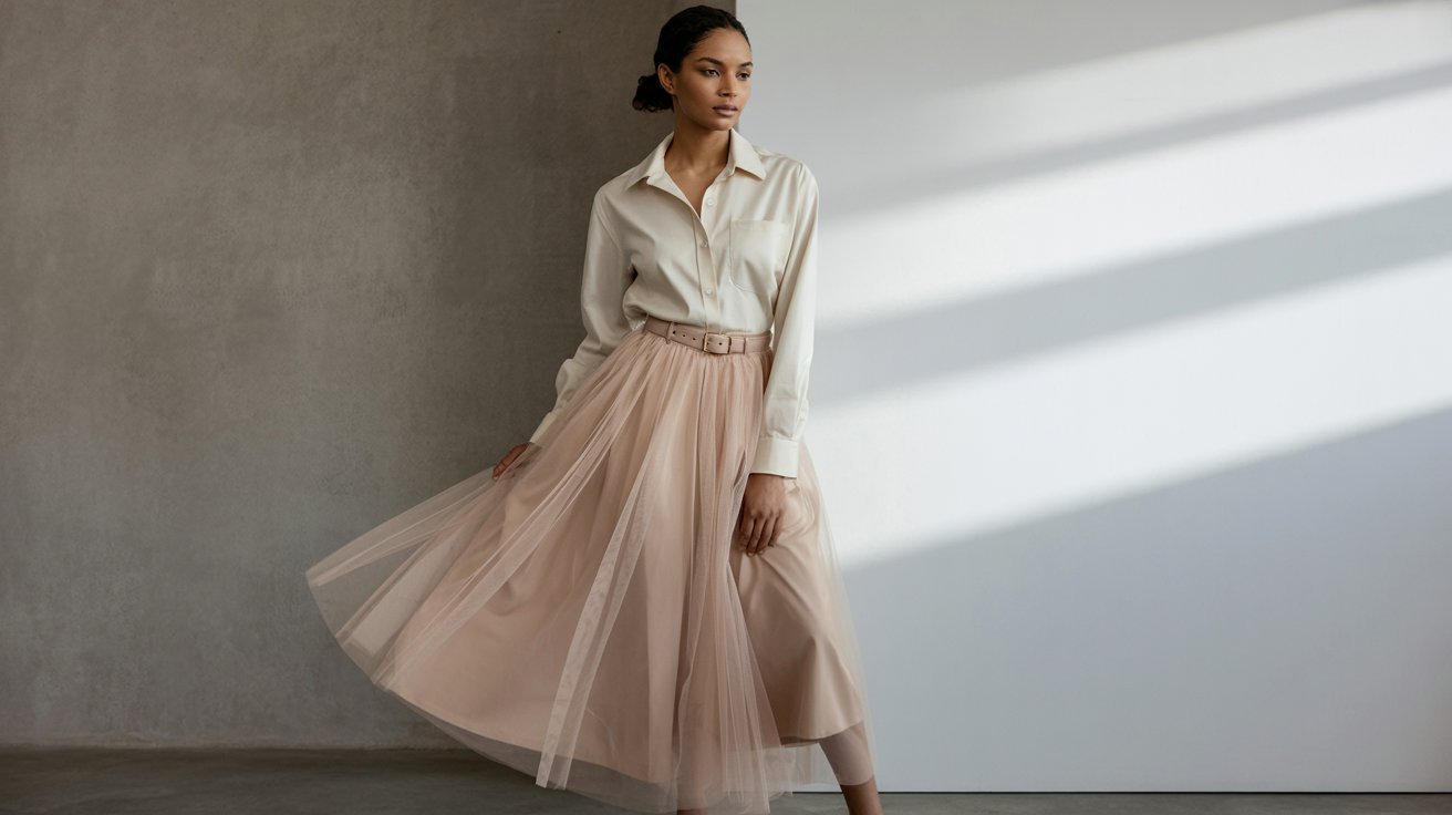 A woman in a beige blouse and flowing tulle skirt stands gracefully against a neutral backdrop, illuminated by soft, angled sunlight. Fashionable and serene.