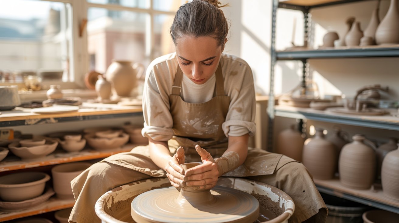 A focused potter in a sunlit studio shapes clay on a pottery wheel, surrounded by finished ceramics. The scene conveys creativity and concentration.