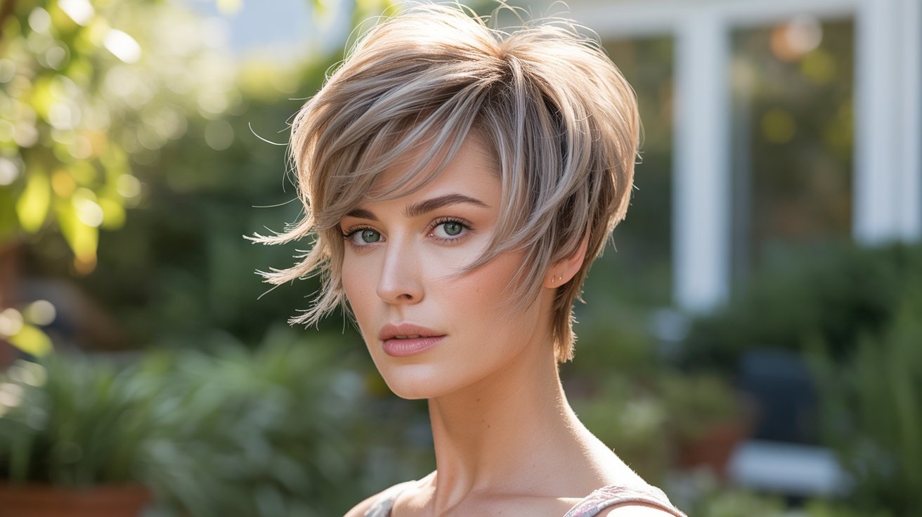 A woman with a feathered soft edgy pixie cut, showcasing her stylish short haircut.