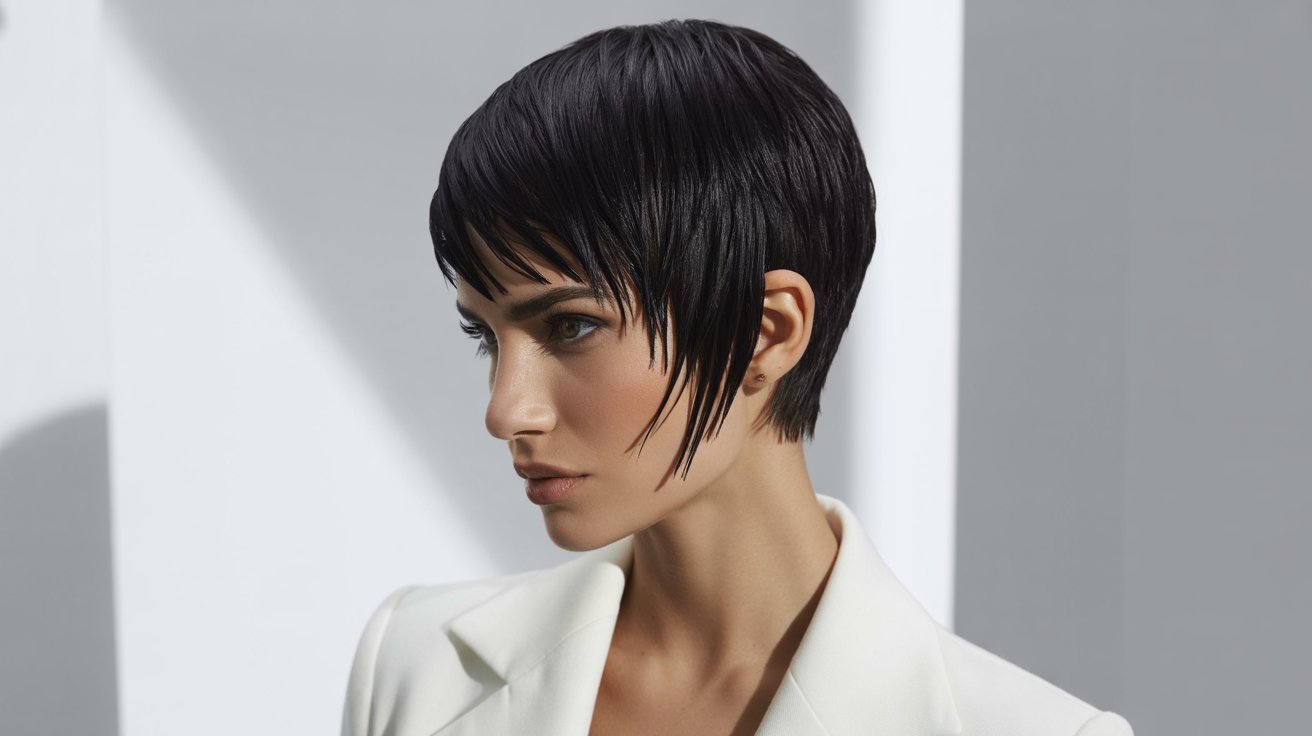 A woman with a jet black high-contrast pixie cut, showcasing her short black hair and confident expression.