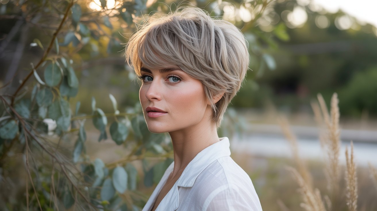 A woman with a light layered pixie cut stands in front of trees, showcasing her short hair and natural surroundings.