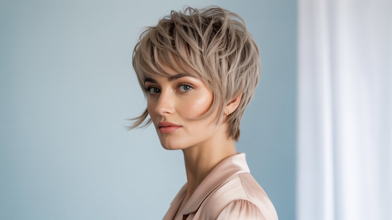 A woman with short blonde feathered pixie hairstyle, designed for thin hair, showcasing a stylish and modern look.