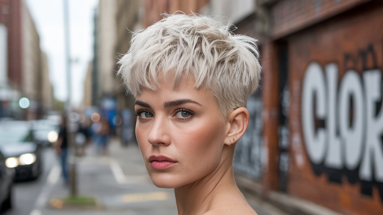 A woman with a short, messy blonde pixie cut.