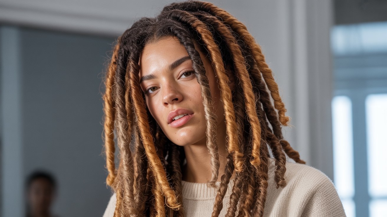 A woman with three-tone dreadlocks.