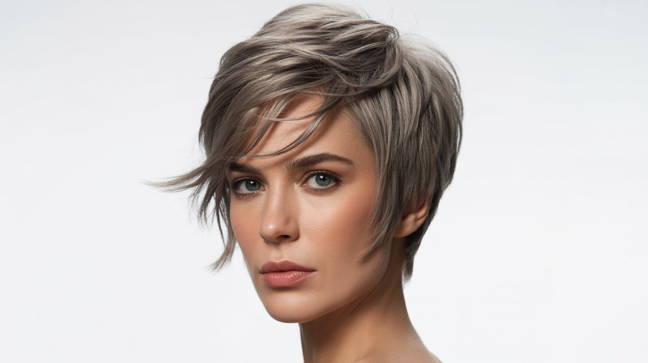 A woman with a classic edgy messy short pixie cut featuring short, wavy hair.