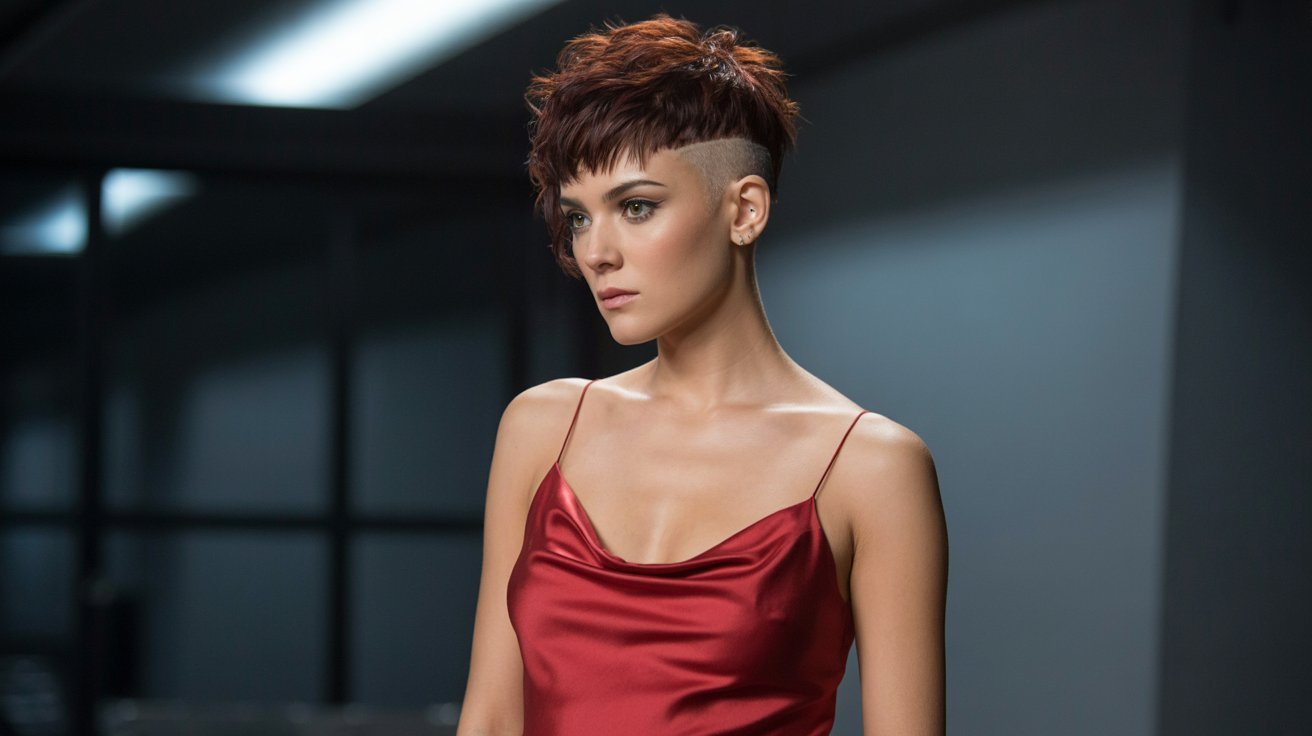 A woman wearing a vibrant red dress, showcasing her shaved head and messy pixie cut, exuding a bold and stylish look.