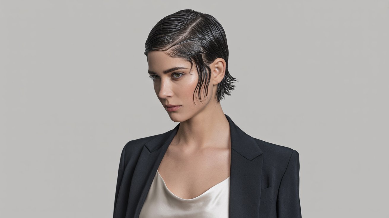 A woman in a suit and top poses confidently, showcasing her gel-slicked messy pixie cut hairstyle.