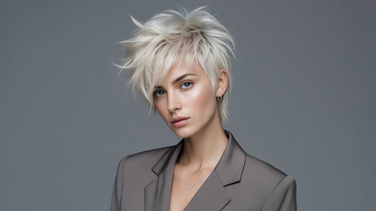 A woman with short blonde hair styled in a fine volume boost pixie cut, wearing a tailored suit.