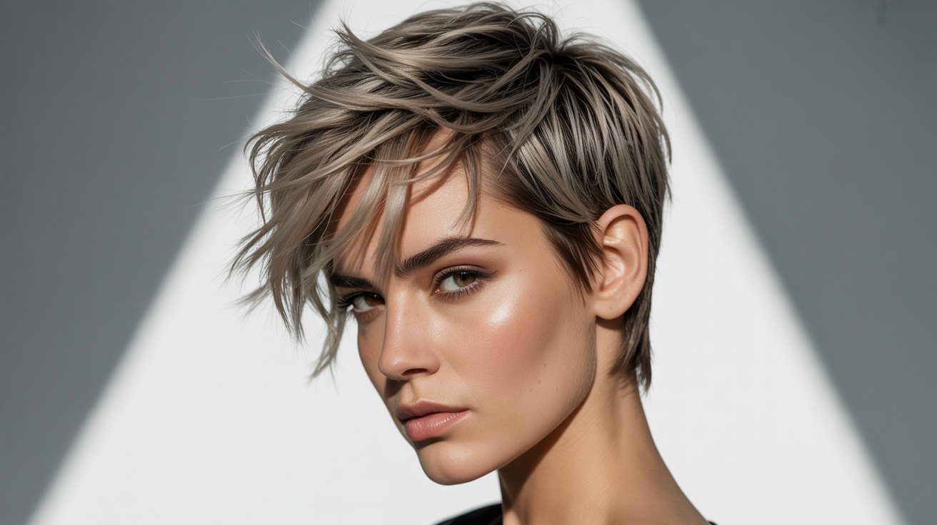 A woman with a messy spiked fringe pixie cut, showcasing her short hairstyle and confident expression.
