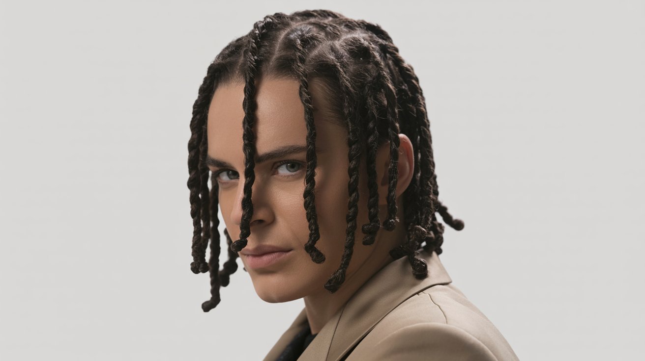 A man with dreadlocks styled in flat wicks, wearing a professional suit, exuding confidence and elegance.