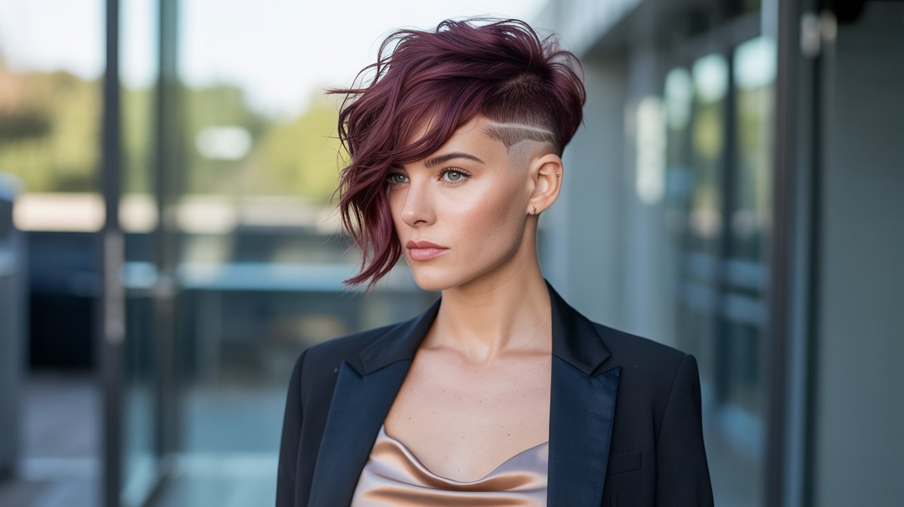 A woman with a Side Fade Undercut Pixie Cut hairstyle and a tailored suit jacket, showcasing a modern and professional look.