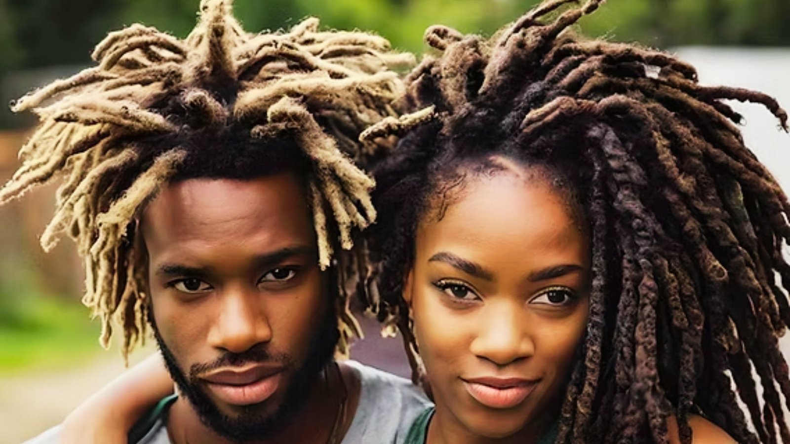 A couple with chunky bonks wicks hairstyle, both with dreadlocks