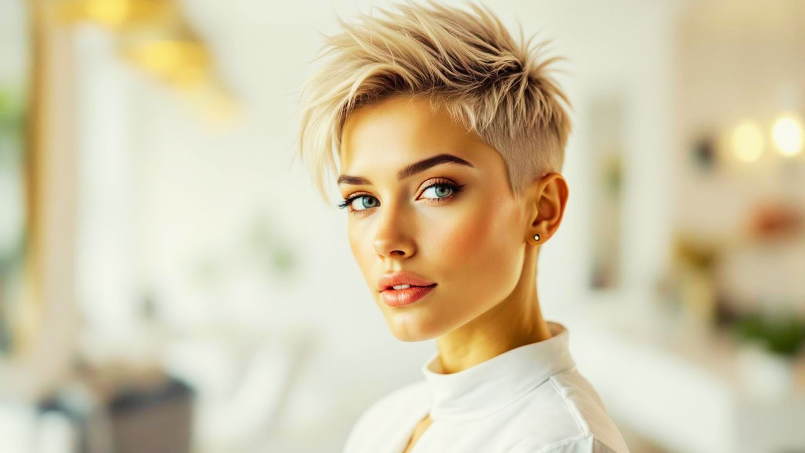 A woman with a defined spiky top pixie cut, featuring short blonde hair styled for a modern look.