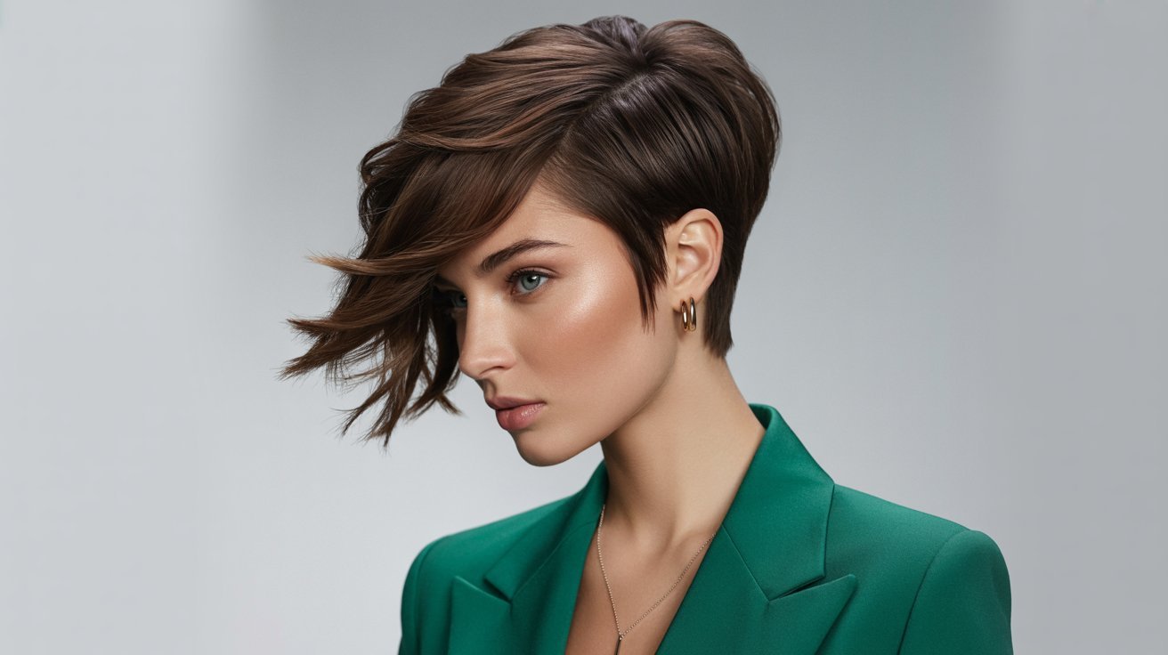 A woman with short brown hair in a pixie cut, wearing a green suit, has an asymmetrical round face.