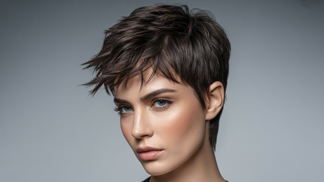 A woman with a short, dark razor-cut pixie hairstyle featuring edgy, messy layers and sharp ends.