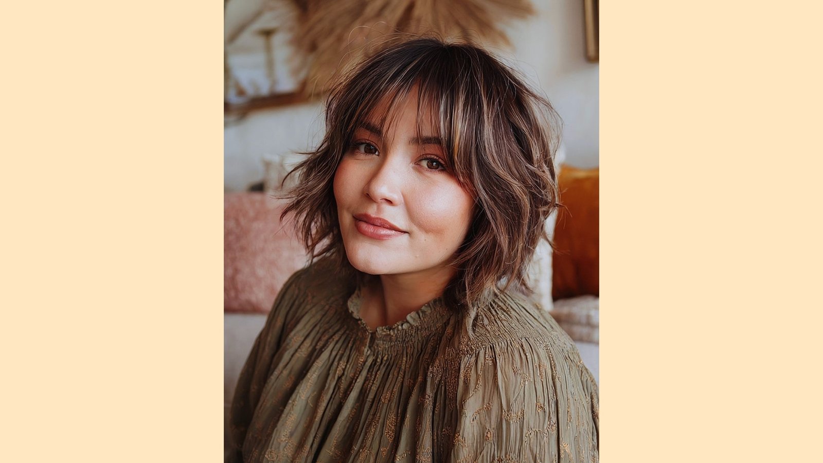 Wispy curtain bangs on textured wavy chin-length bob with dimensional brunette highlights