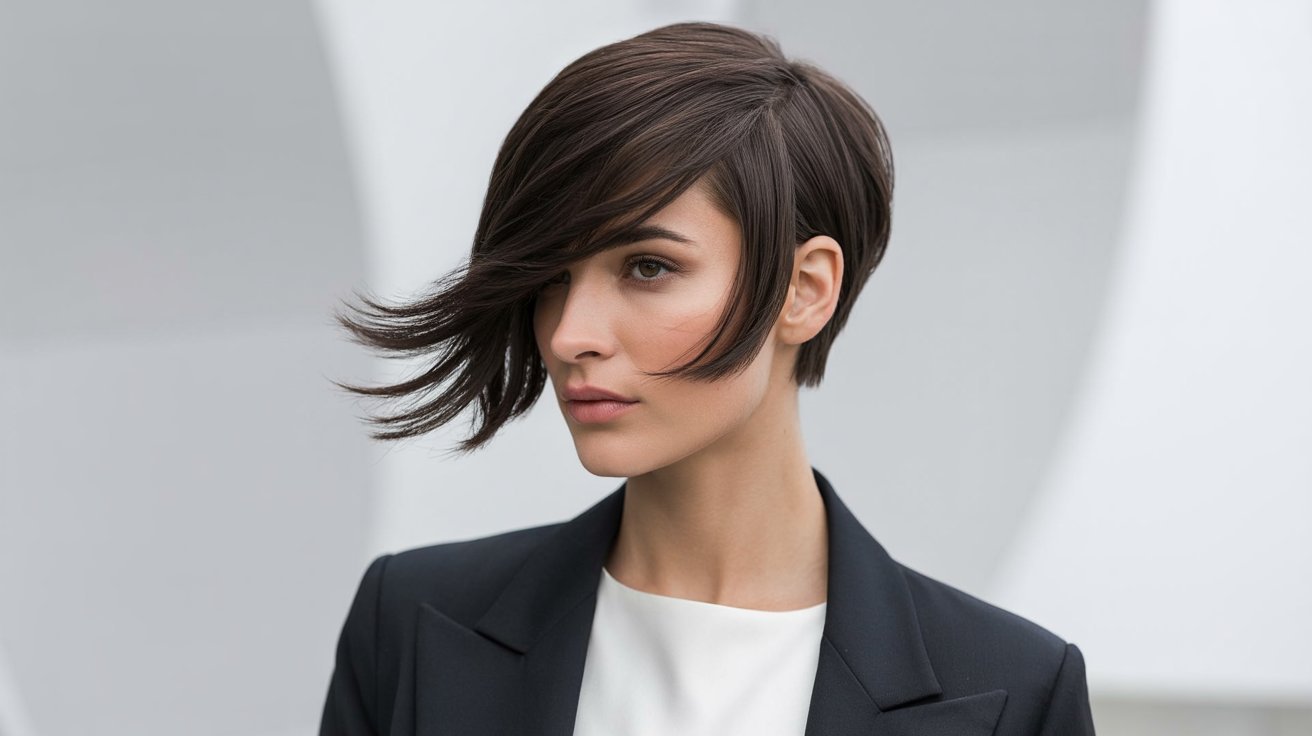 A woman in a black suit with a side-swept asymmetrical pixie cut, showcasing her confident and professional appearance.