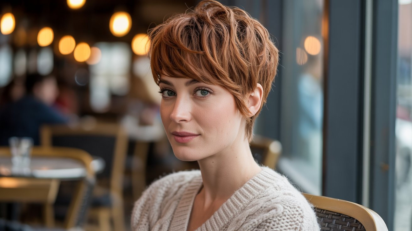 A woman with a hidden undercut and messy pixie cut sits at a table.