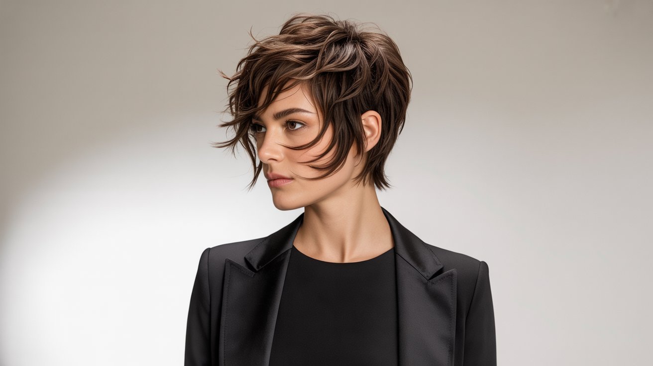 A woman in a black suit and shirt, featuring a jawline-improving messy pixie cut hairstyle.