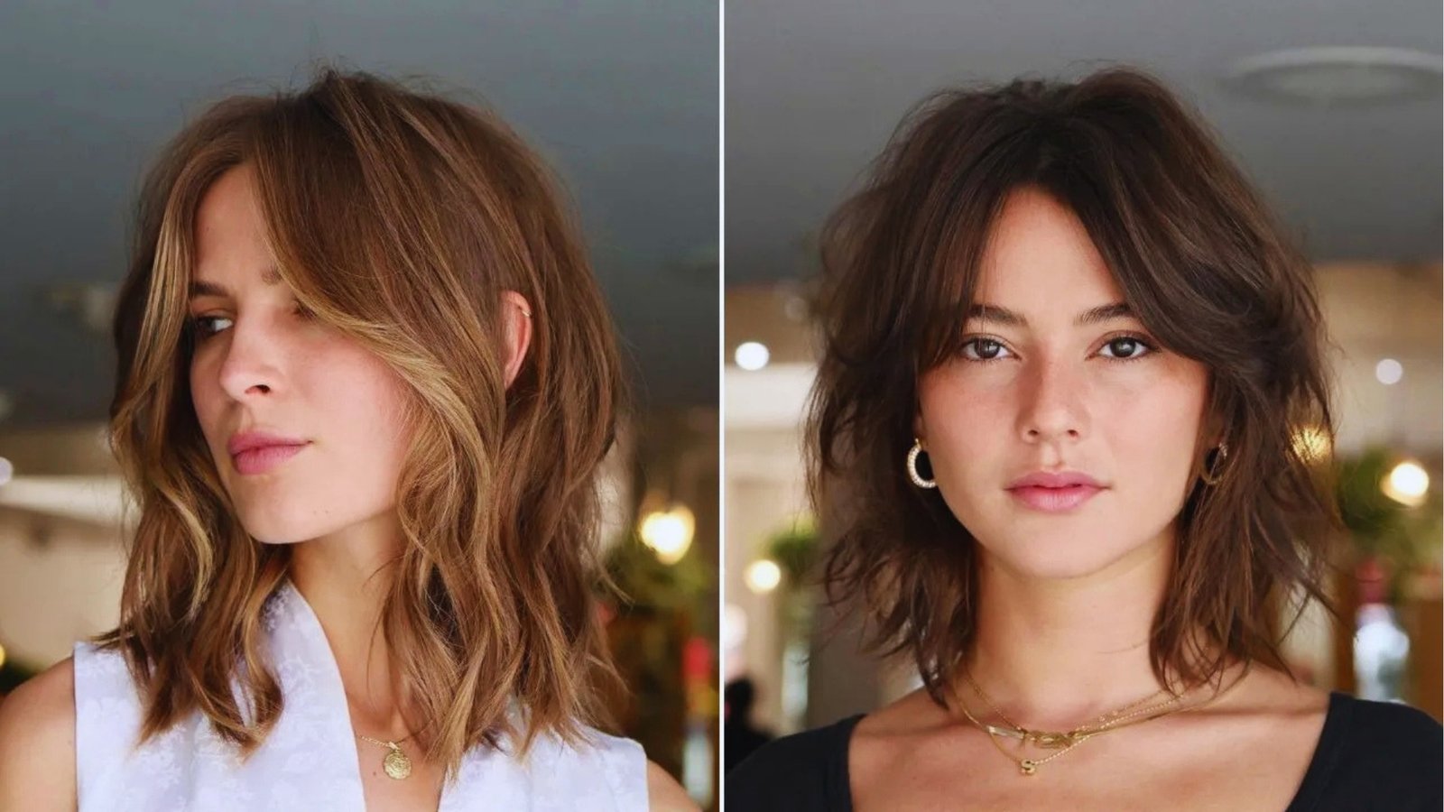 Split image comparison of wispy curtain bangs on medium-length wavy hair left shows light bronde lob with blonde highlights, right shows dark brown shag with tousled texture