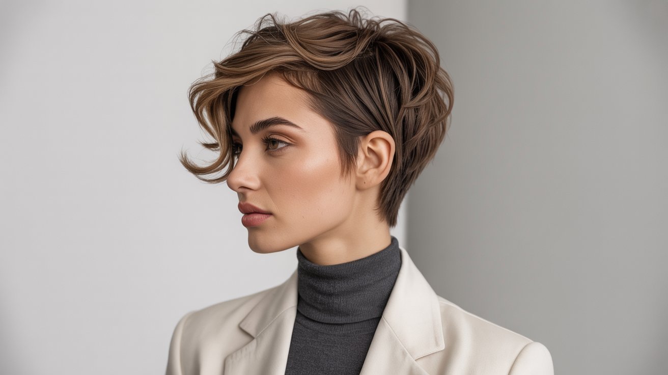 A woman with a short pixie cut, featuring a long top and round face, showcasing her stylish hairstyle.