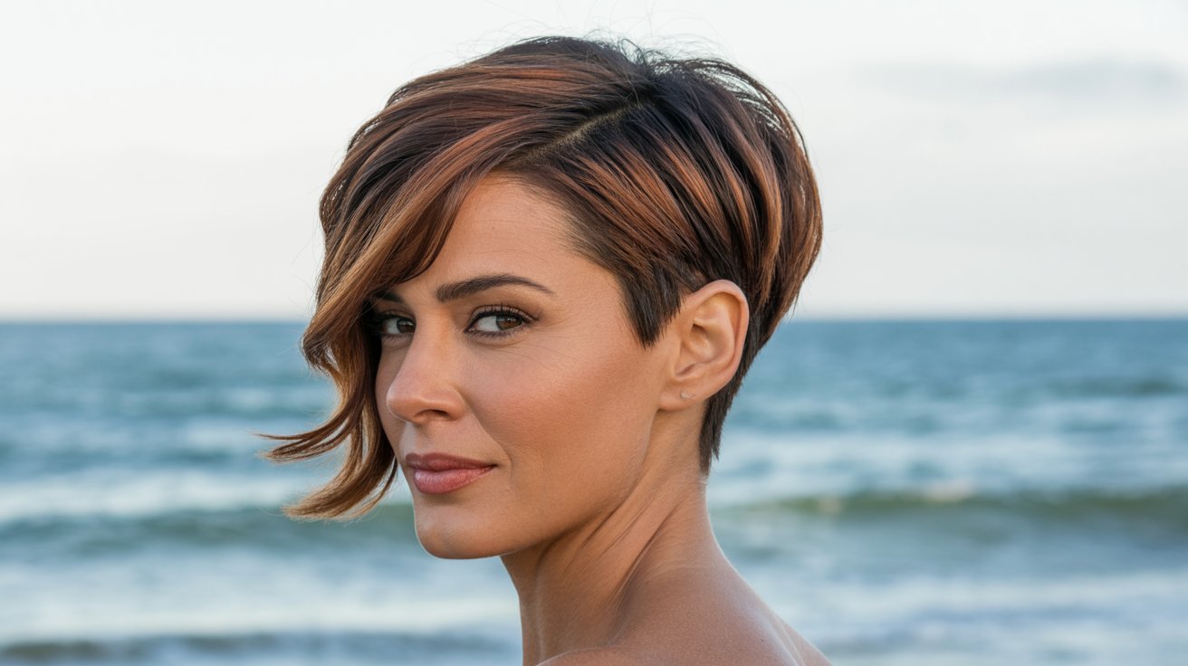 A woman with a layered undercut pixie cut stands on the beach, gazing at the ocean under a clear blue sky.