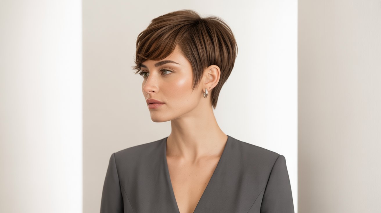A woman with a round face and a slim pixie cut, wearing a grey suit and standing confidently.