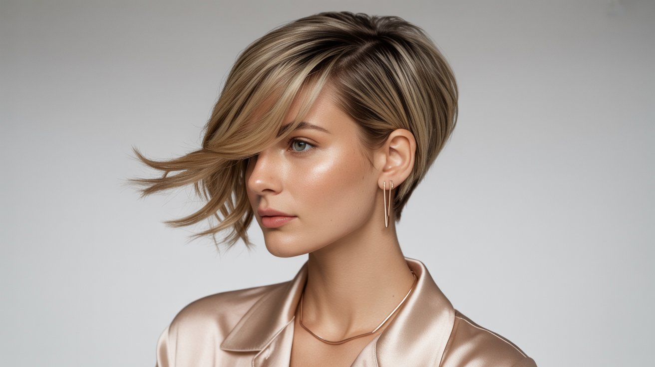 A woman with a side-swept blonde bob haircut, featuring a round face and a stylish pixie cut.