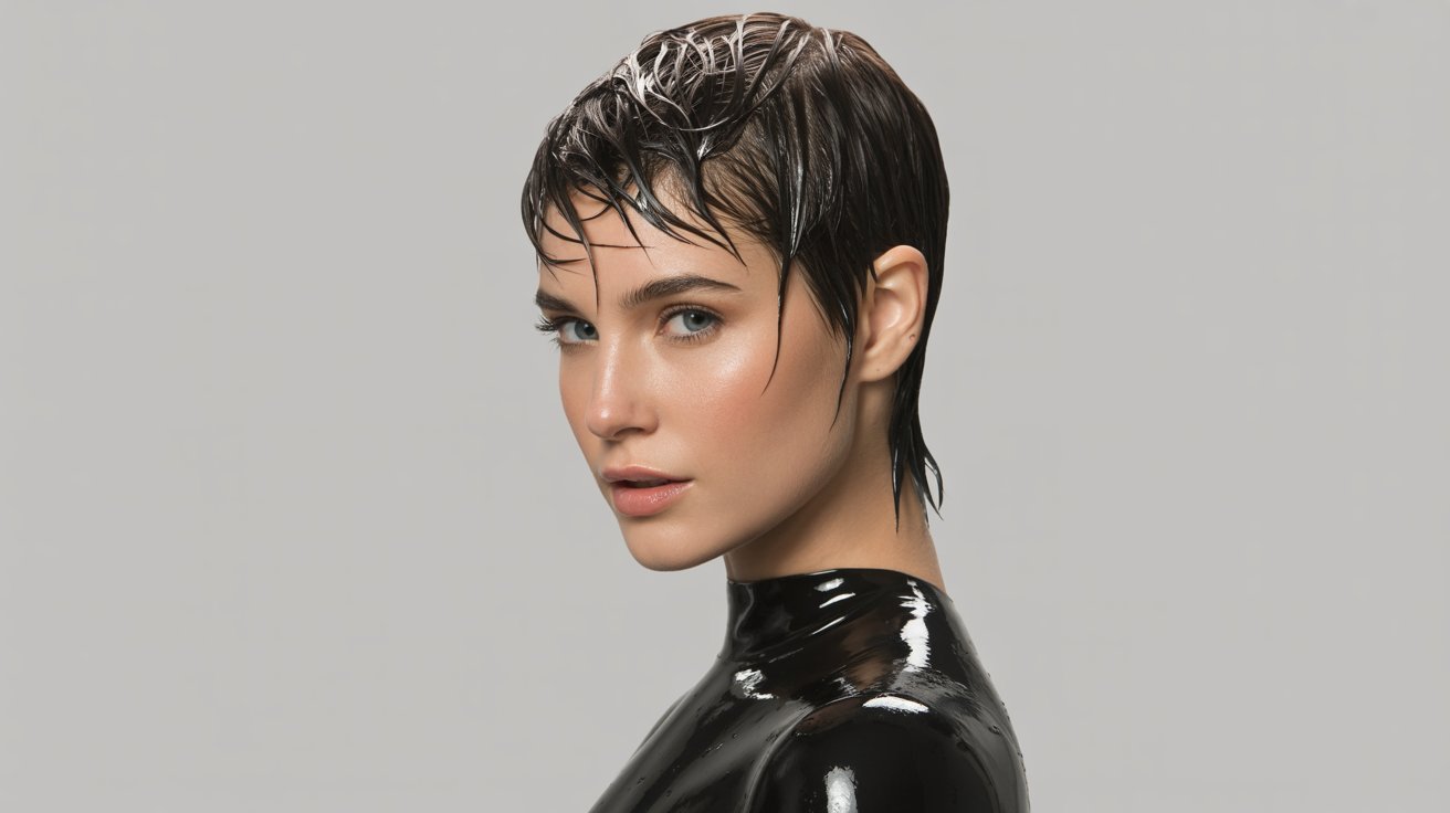 A woman in a black latex suit with wet hair styled in a messy pixie cut, exuding an edgy and bold look.