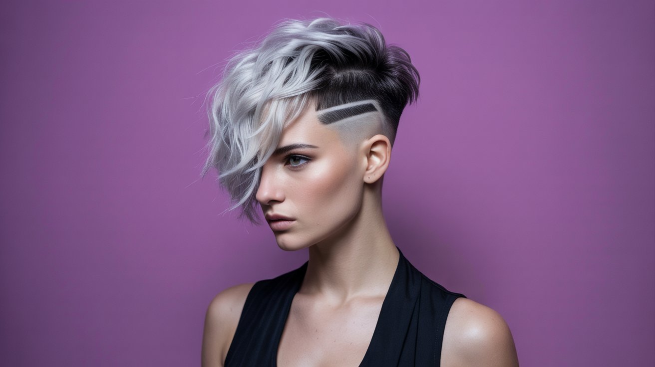 A woman with a High Contrast Undercut Pixie Cut