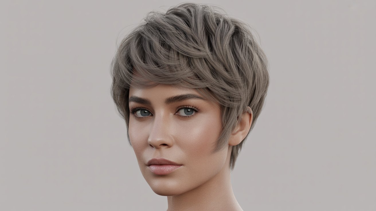 A woman with a soft, edgy messy pixie cut, featuring short gray hair.