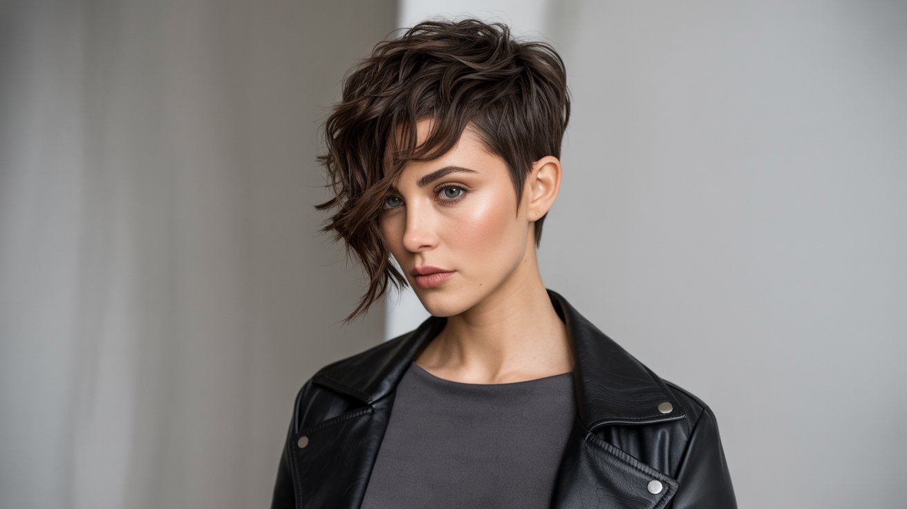 A woman with an asymmetrical edgy pixie cut wearing a leather jacket, exuding a confident and stylish appearance.