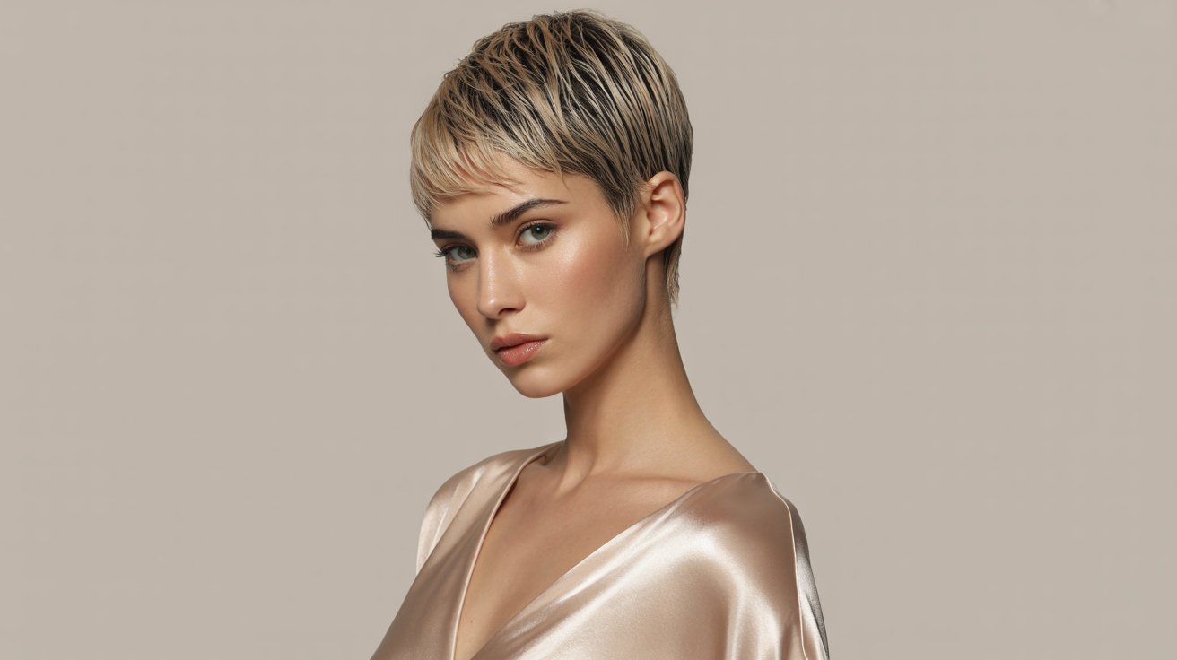 A woman with a glossy textured wet pixie cut and short blonde hair, wearing an elegant gold dress.