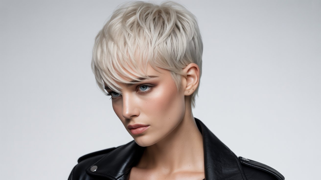 A woman with a platinum blonde edgy pixie cut, showcasing her short hair and confident style.