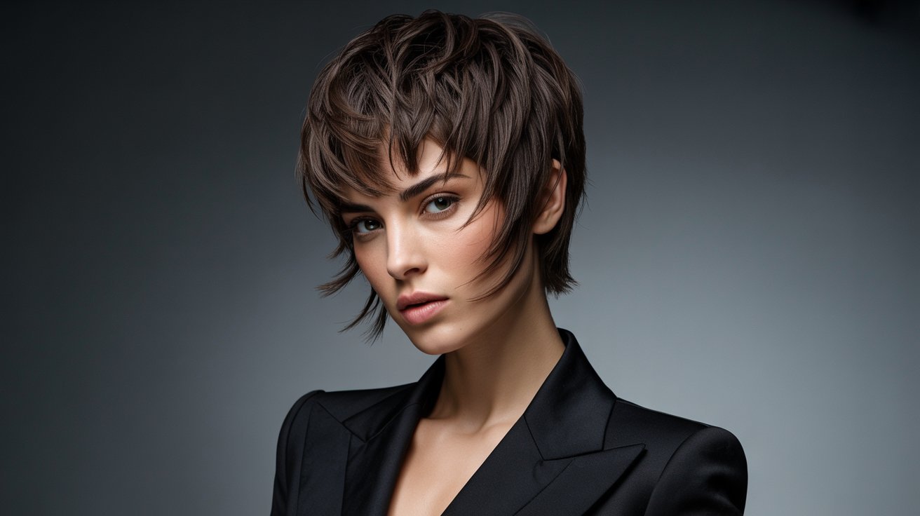 A woman with a thick, layered pixie cut wearing a tailored suit, exuding confidence and professionalism.