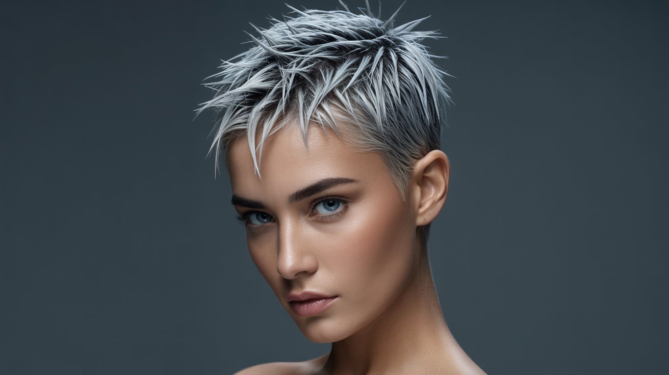A woman with a gel-spiked edgy pixie cut, showcasing a stylish and modern short hairstyle.