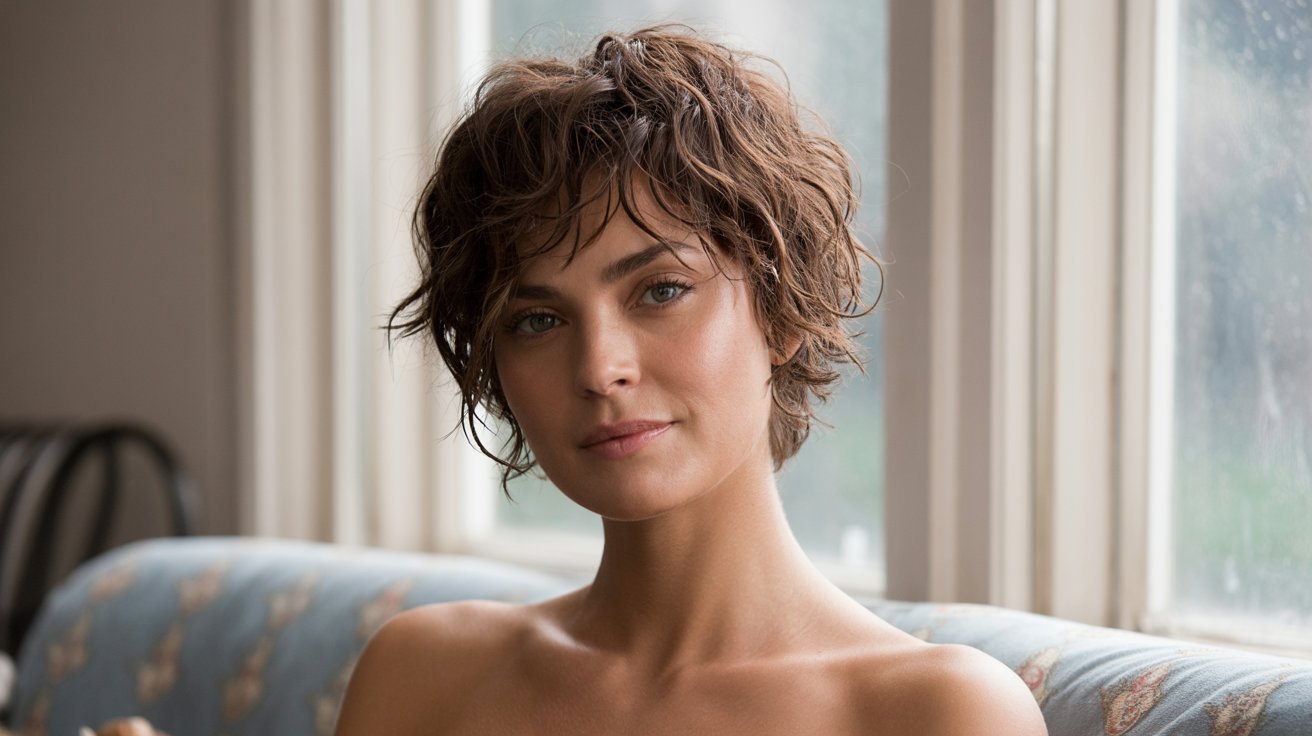 A woman with a short, air-dried messy pixie cut sits comfortably on a couch, looking relaxed and at ease.