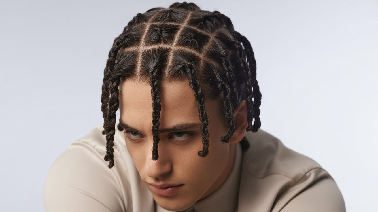A young man with box-parted wicks hairstyle and dreadlocks, showcasing a stylish and modern look.