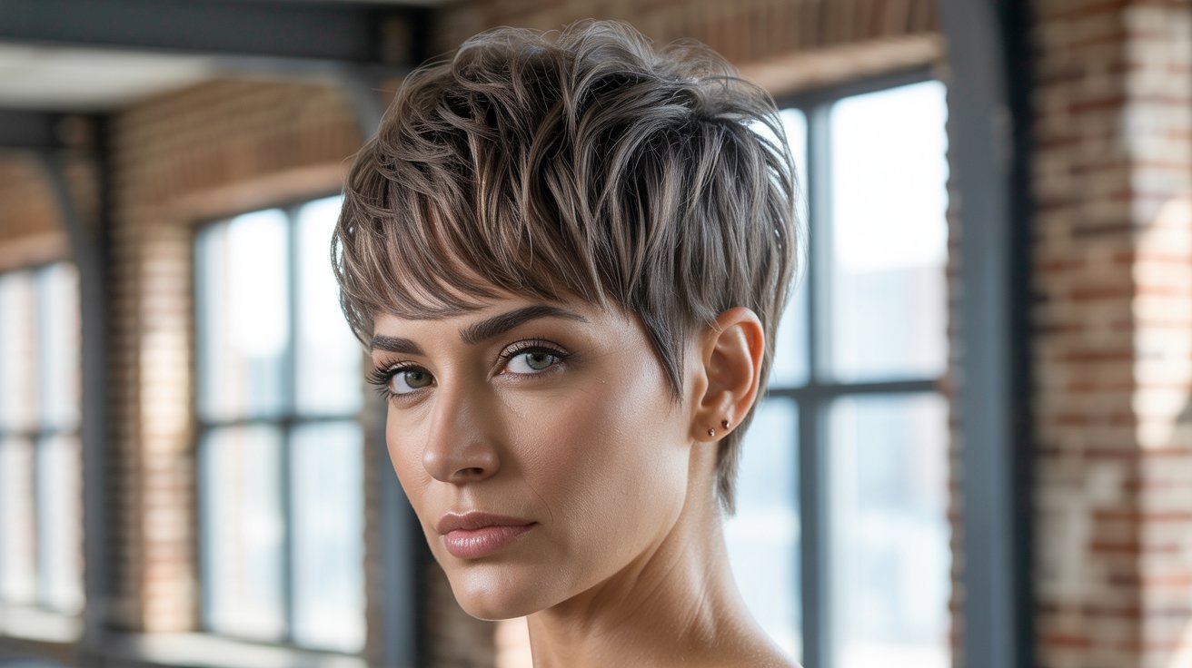 A woman with a piecey layered pixie cut and a black top, showcasing an edgy and messy hairstyle.