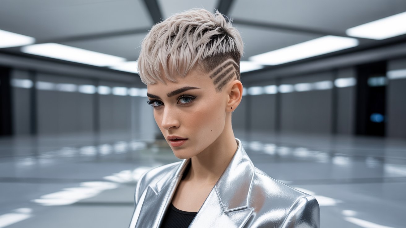 A woman with a razor undercut pixie cut in silver, dressed in a modern silver suit.