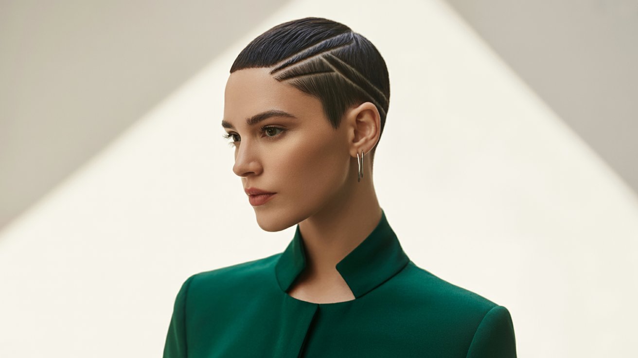 A woman with a sharp angle razor pixie cut, showcasing her short hairstyle and confident expression.