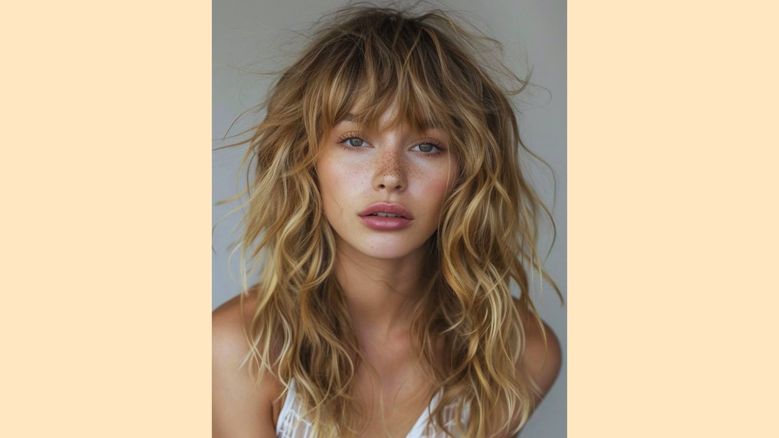 Long wavy blonde layered hair with wispy curtain bangs and tousled piecey texture
