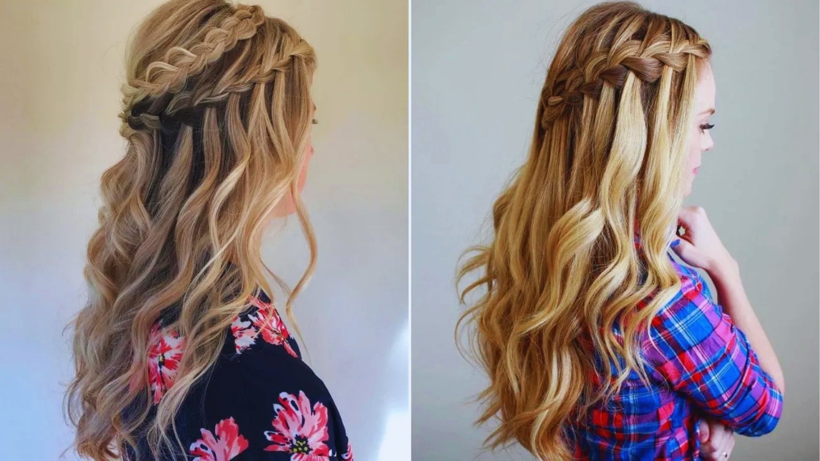 Side-by-side photos showing romantic braid styles on long wavy blonde hair with loose face-framing wisps.