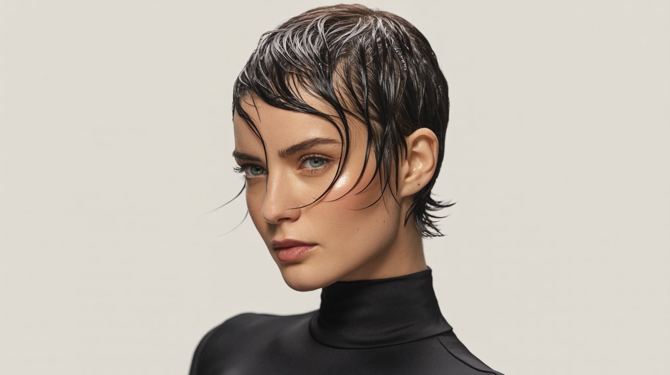 A woman with wet hair styled in a controlled mess pixie cut poses for a photo, showcasing her confident expression.