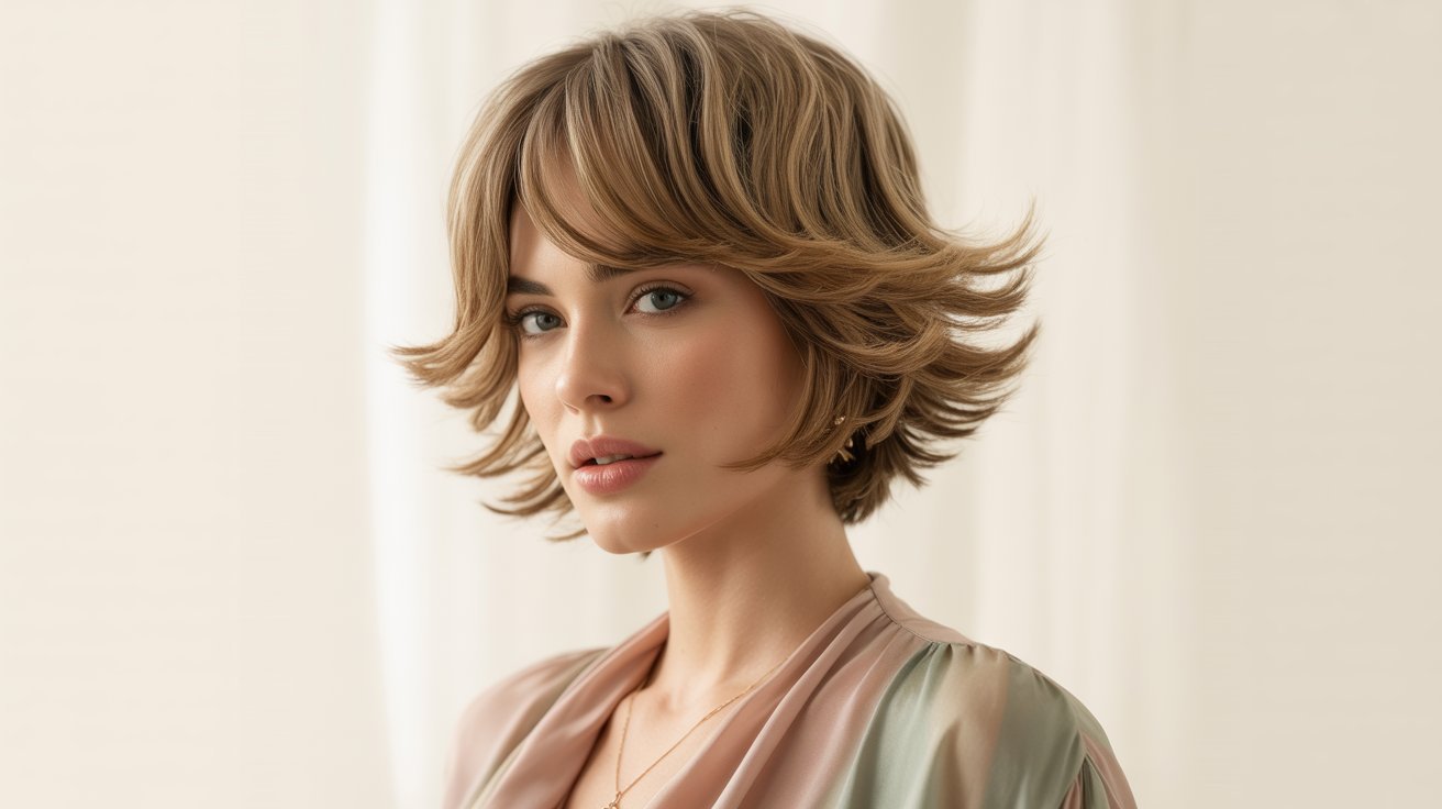 A woman with a soft, wavy pixie cut, showcasing her thick, short hair styled in layers.