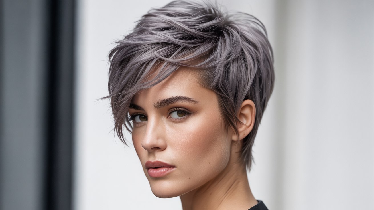 A woman with short gray hair styled in a textured, edgy, messy pixie cut.
