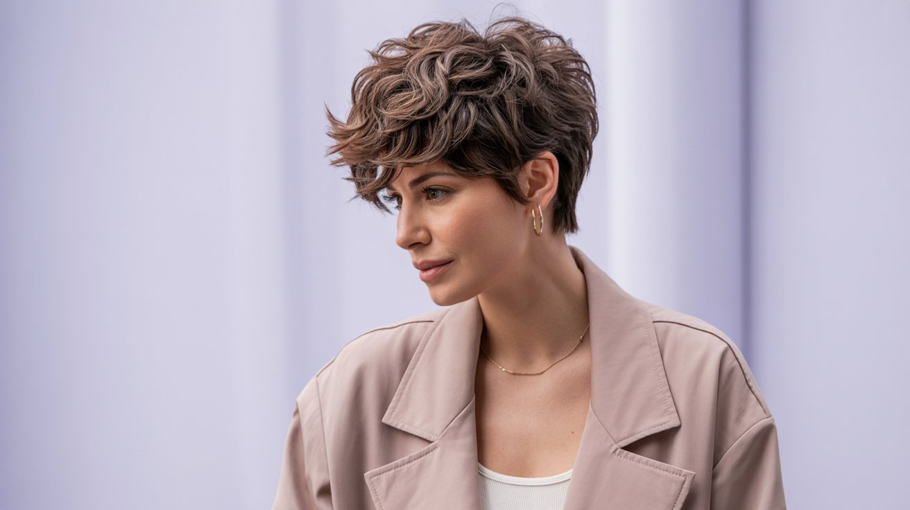 A woman with a thick pixie cut and short hair, wearing a stylish jacket.