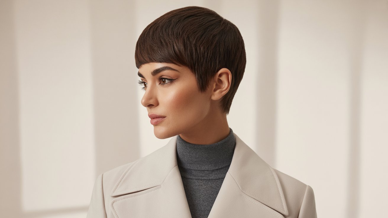 A woman in a white coat and turtleneck, showcasing her structured thick hair styled in a pixie cut.